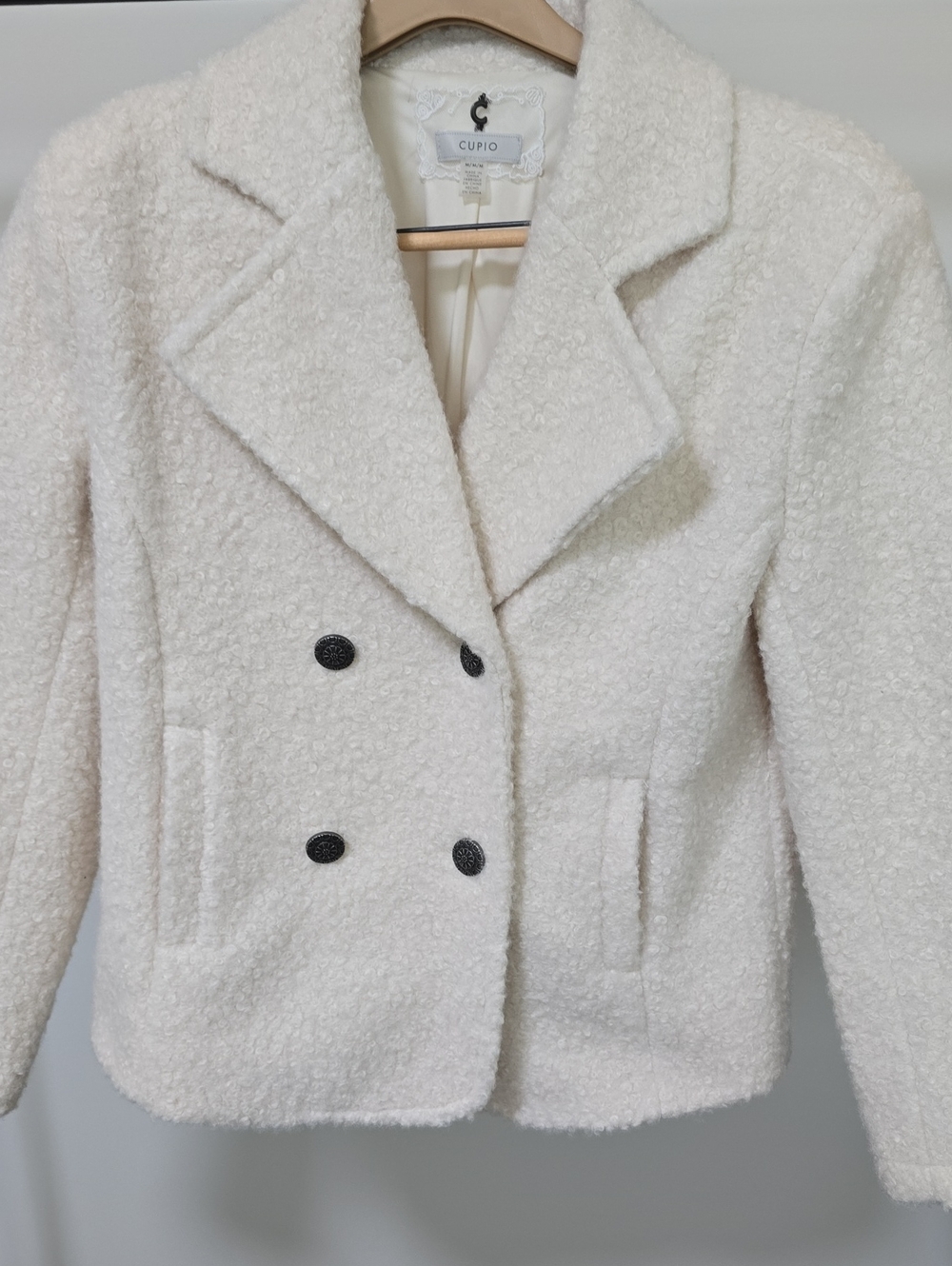 Cupio Cream Bouclé Double-Breasted Pea Coat